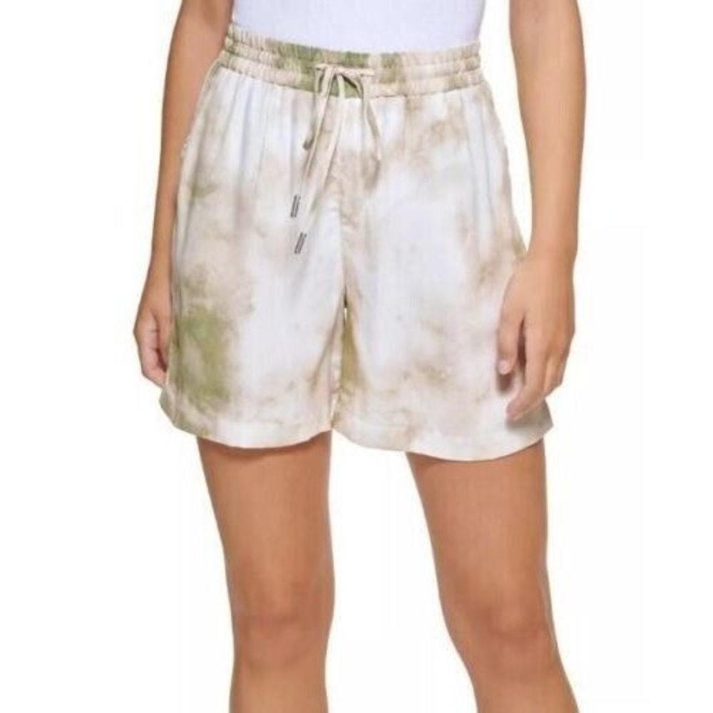 DKNY Jeans Womens Printed Drawstring Shorts M Feather Grey Olive Tie Dye Casual - Picture 2 of 15